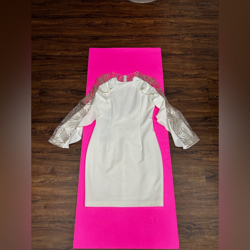 NWT Spell Off-White Dress with Sheer Embellished Sleeves – Elegant Midi (46)